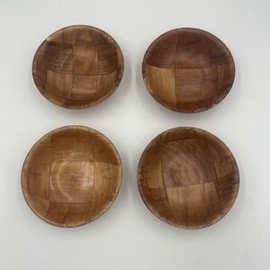 Vintage Woven Wood Bamboo Snack/Fruit/Salad Bowls 5.25" MCM Set of 4
